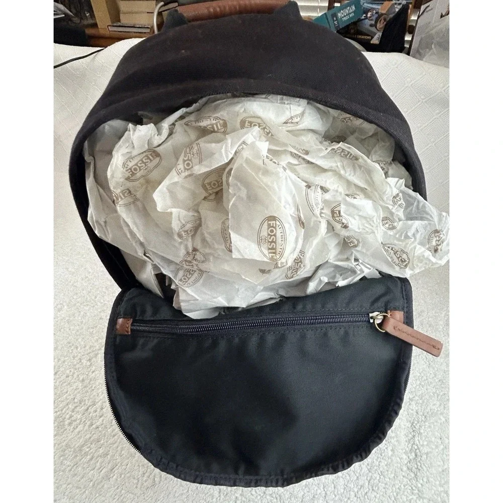 NEW Fossil Black Canvas Backpack w/Brown Trim Adjustable Straps New Old Stock